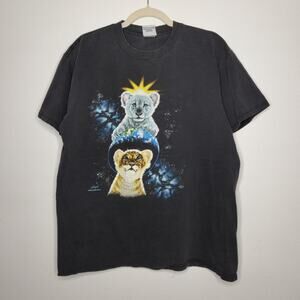 Vintage Baby Tigers Earth Nature Dolphin Large Nature Art Shirt Black 90s